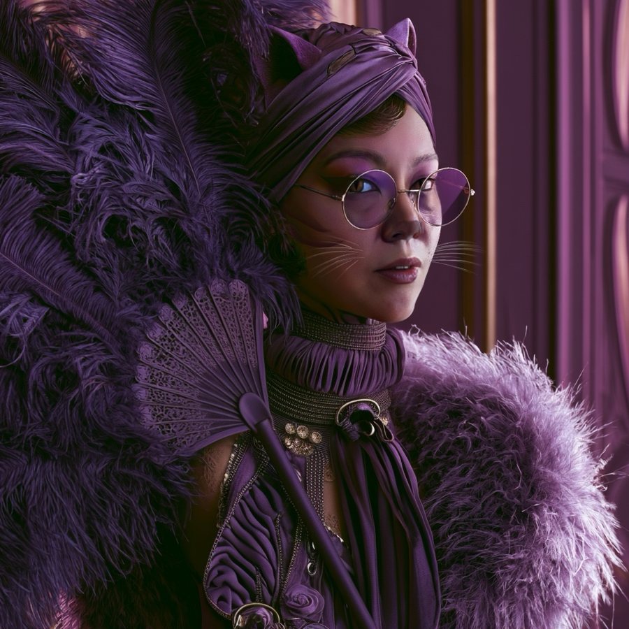 Archetypal Fantasy Portrait: a feline lady in violet feathers with a fan