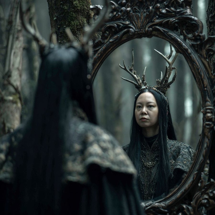 Archetypal Fantasy Portrait: an antlered woman meeting her reflection in a forest mirror