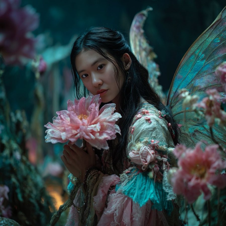 Archetypal Fantasy Portrait: a fairy with iridescent wings holding a pink peony