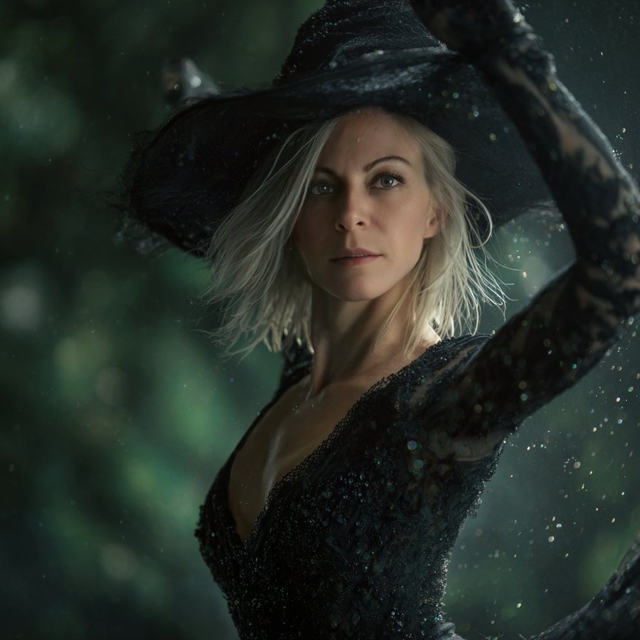 Archetypal Fantasy Portrait: a silver-haired witch in a black hat, arm raised