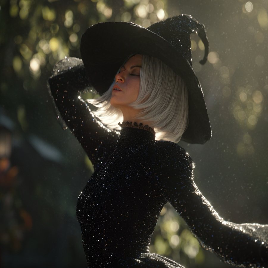 Archetypal Fantasy Portrait: a witch in a sparkling black gown dancing in the light