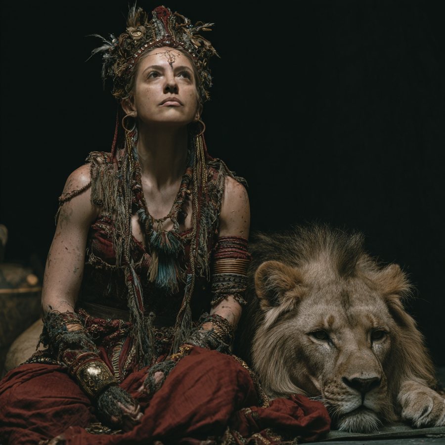 Archetypal Fantasy Portrait: a tribal queen seated beside a resting lion