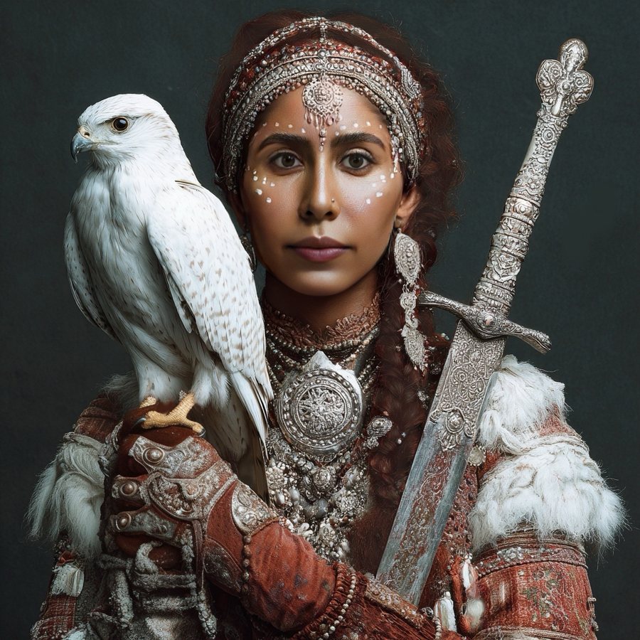 Archetypal Fantasy Portrait: a warrior woman with a white falcon and a silver sword