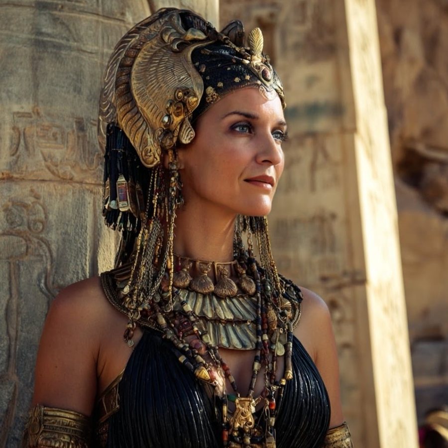 Archetypal Fantasy Portrait: an Egyptian queen in a golden headdress beside temple columns