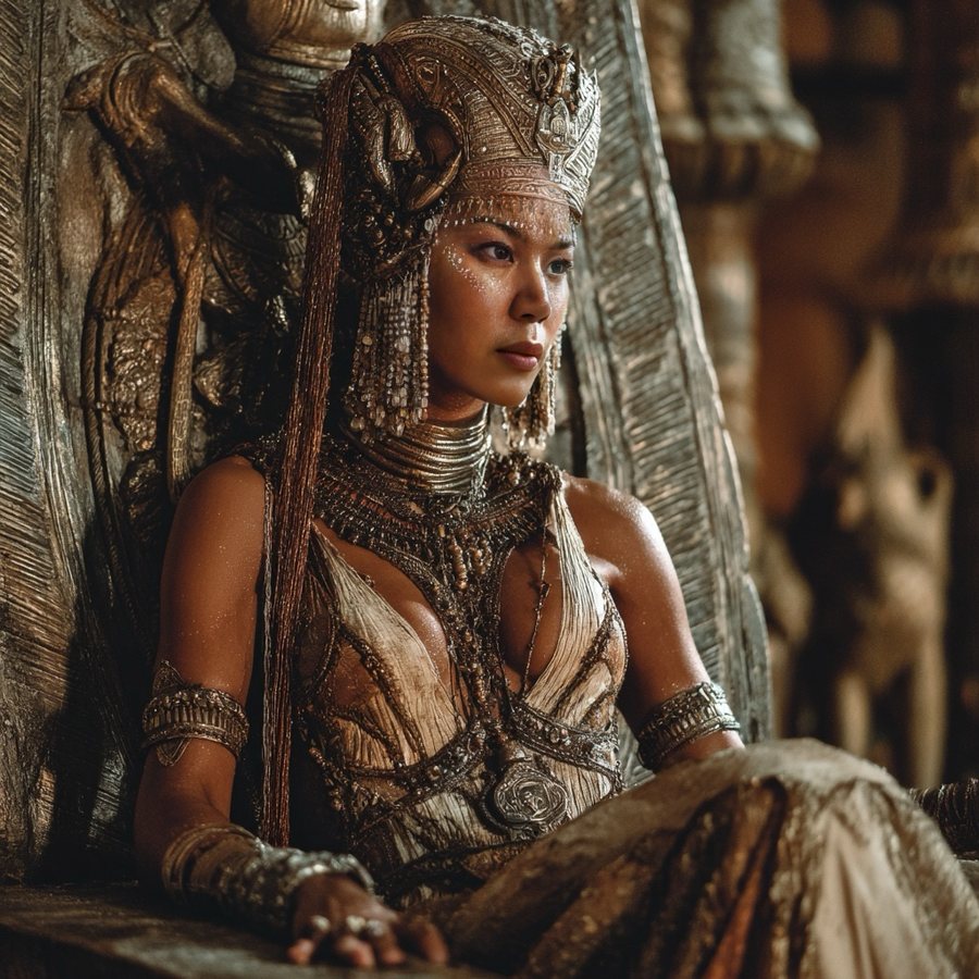 Archetypal Fantasy Portrait: a queen seated on a carved throne