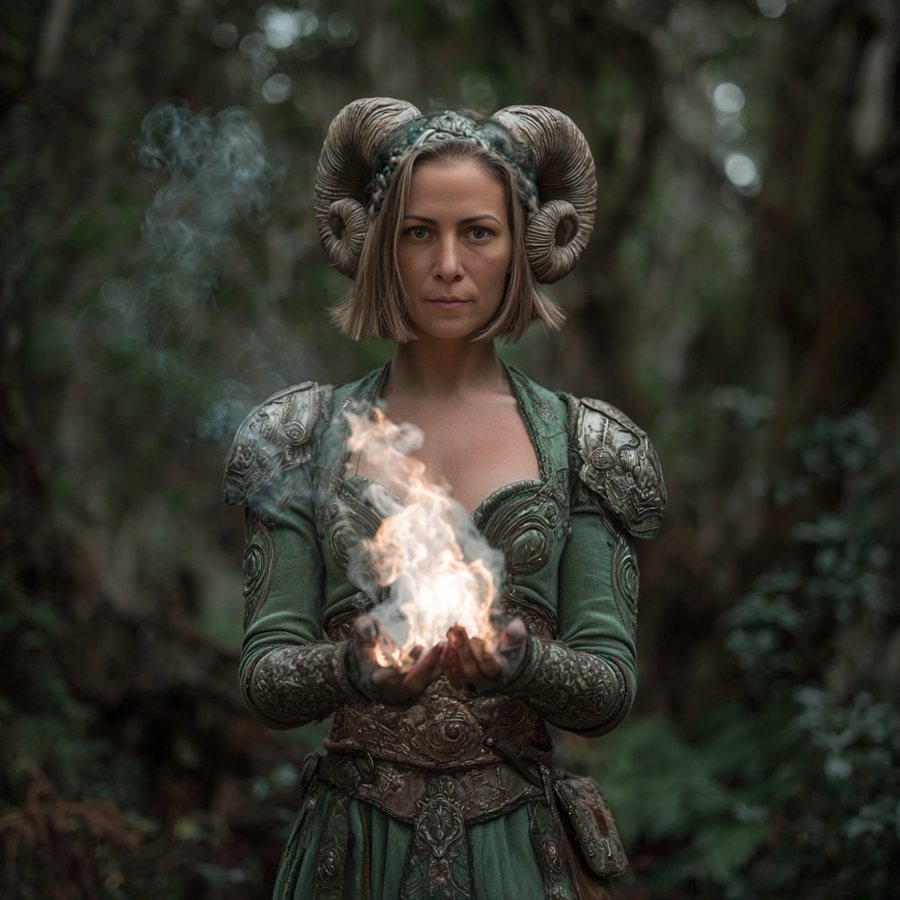 Archetypal Fantasy Portrait: a horned forest figure holding a flame