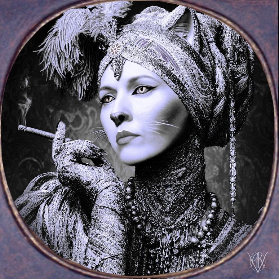 Archetypal Fantasy Portrait: a feline lady in a feathered turban