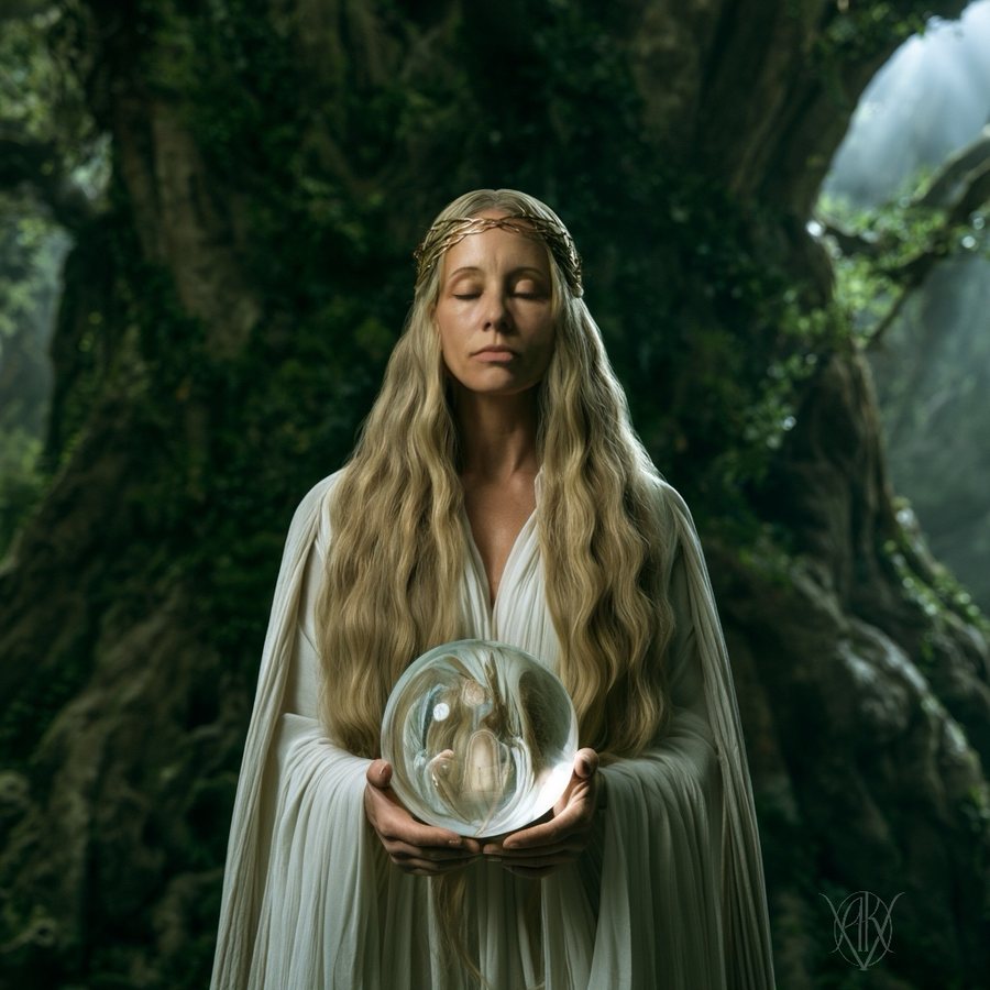 Archetypal Fantasy Portrait: a woman holding a crystal orb in an ancient forest